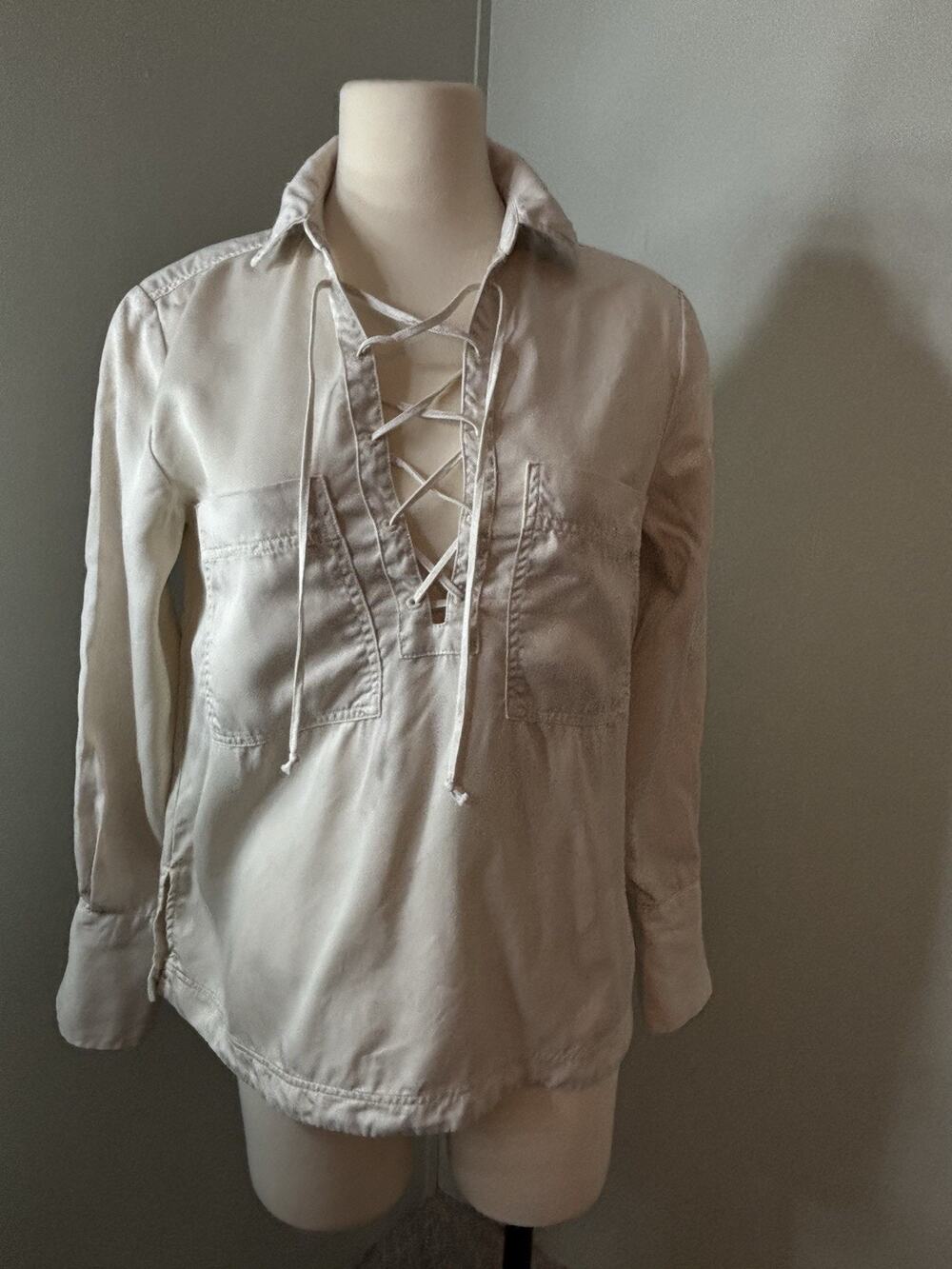 Free People Under Your Spell Lace Front Long Sleeve Top Off White Khaki XS